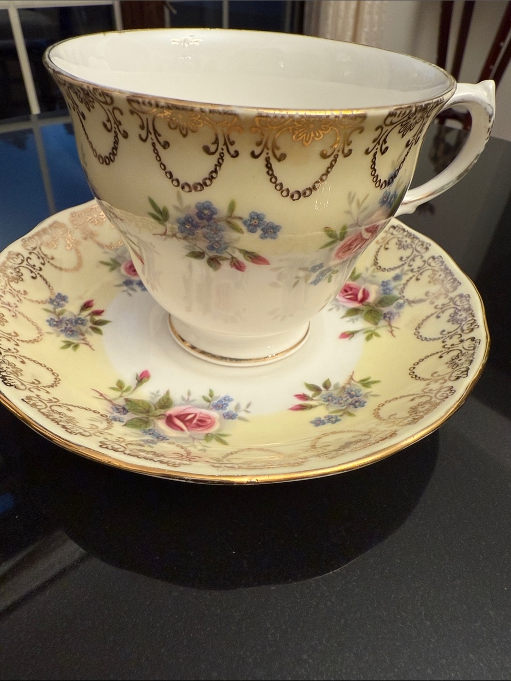 Vintage Floral Tea Cup and Saucer - Cream with Pink & Blue Roses